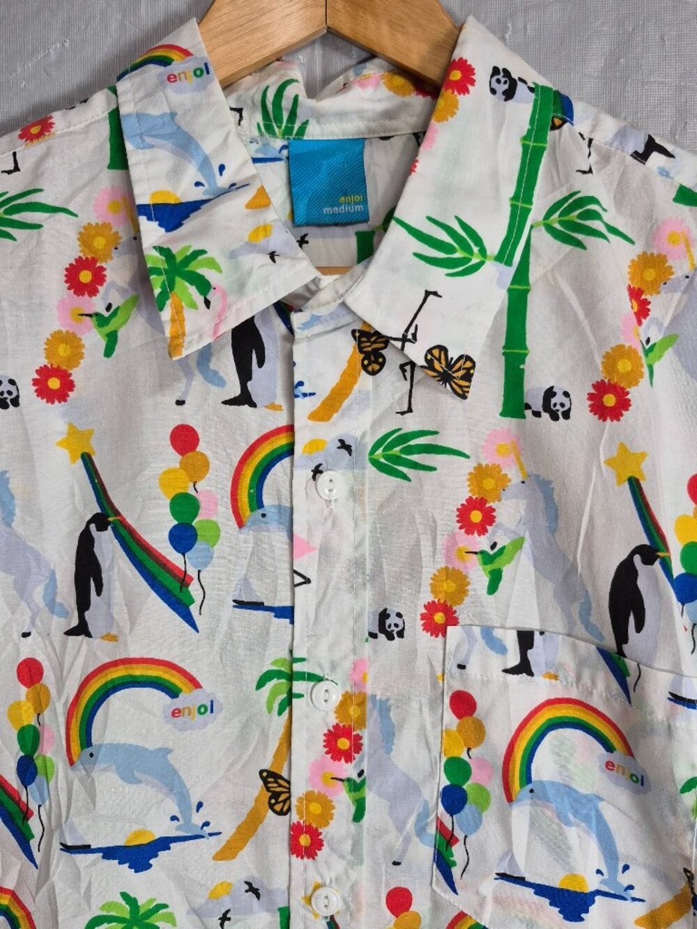 Enjoi Button Up Shirt Novelty Print Hidden Message Rainbow Tropical Pattern Med